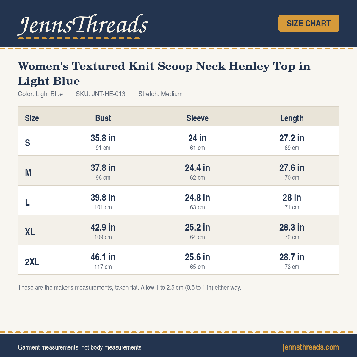 JennsThreads Women's Textured Knit Scoop Neck Henley Top in Light Blue size chart