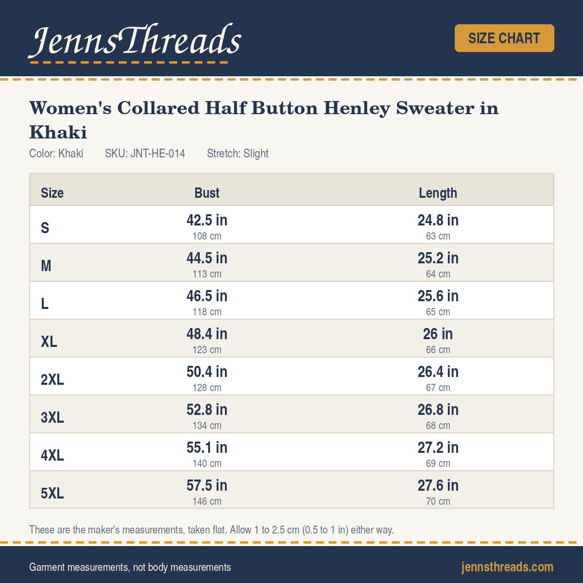 JennsThreads Women's Collared Half Button Henley Sweater in Khaki size chart