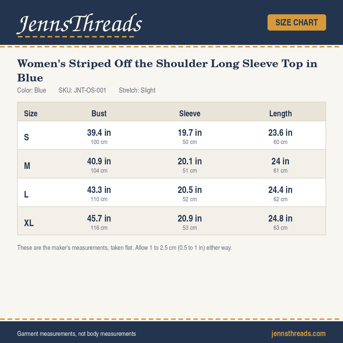 JennsThreads Women's Striped Off the Shoulder Long Sleeve Top in Blue size chart