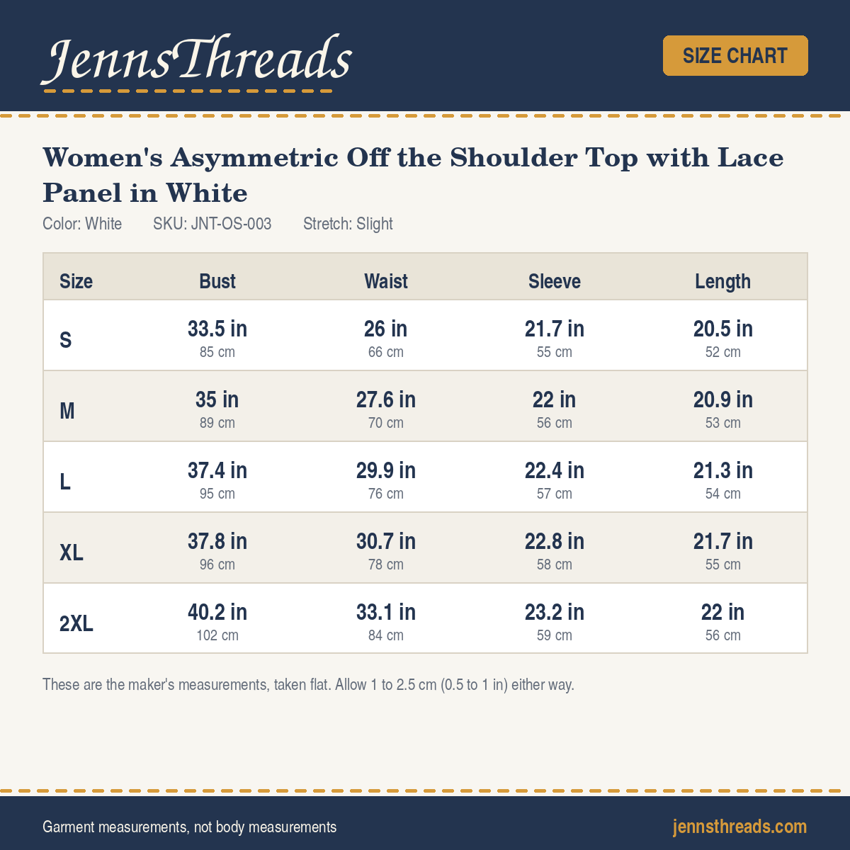 JennsThreads Women's Asymmetric Off the Shoulder Top with Lace Panel in White size chart