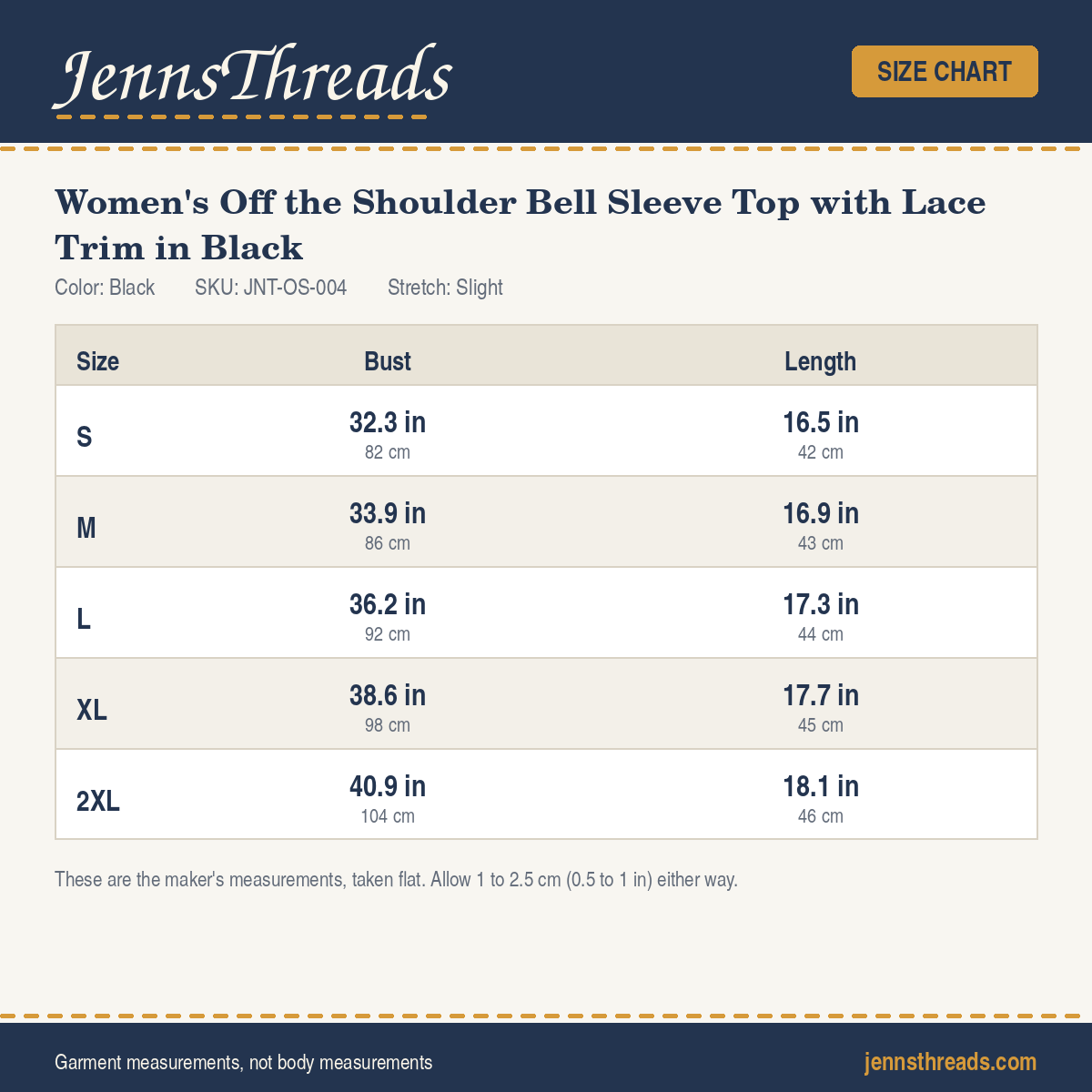 JennsThreads Women's Off the Shoulder Bell Sleeve Top with Lace Trim in Black size chart
