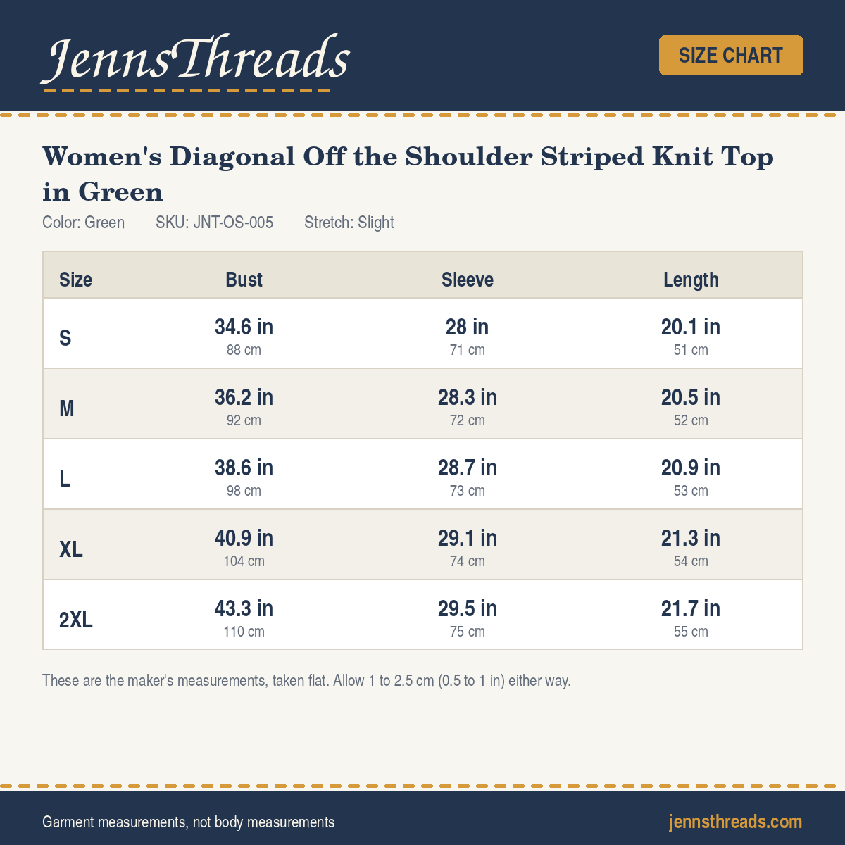 JennsThreads Women's Diagonal Off the Shoulder Striped Knit Top in Green size chart