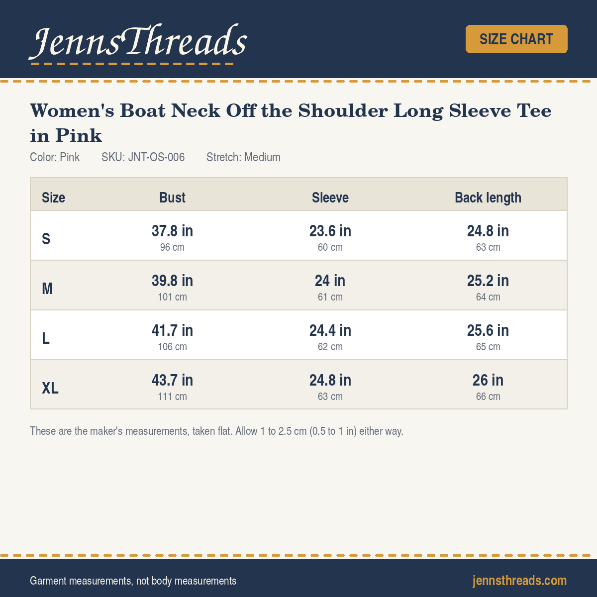 JennsThreads Women's Boat Neck Off the Shoulder Long Sleeve Tee in Pink size chart