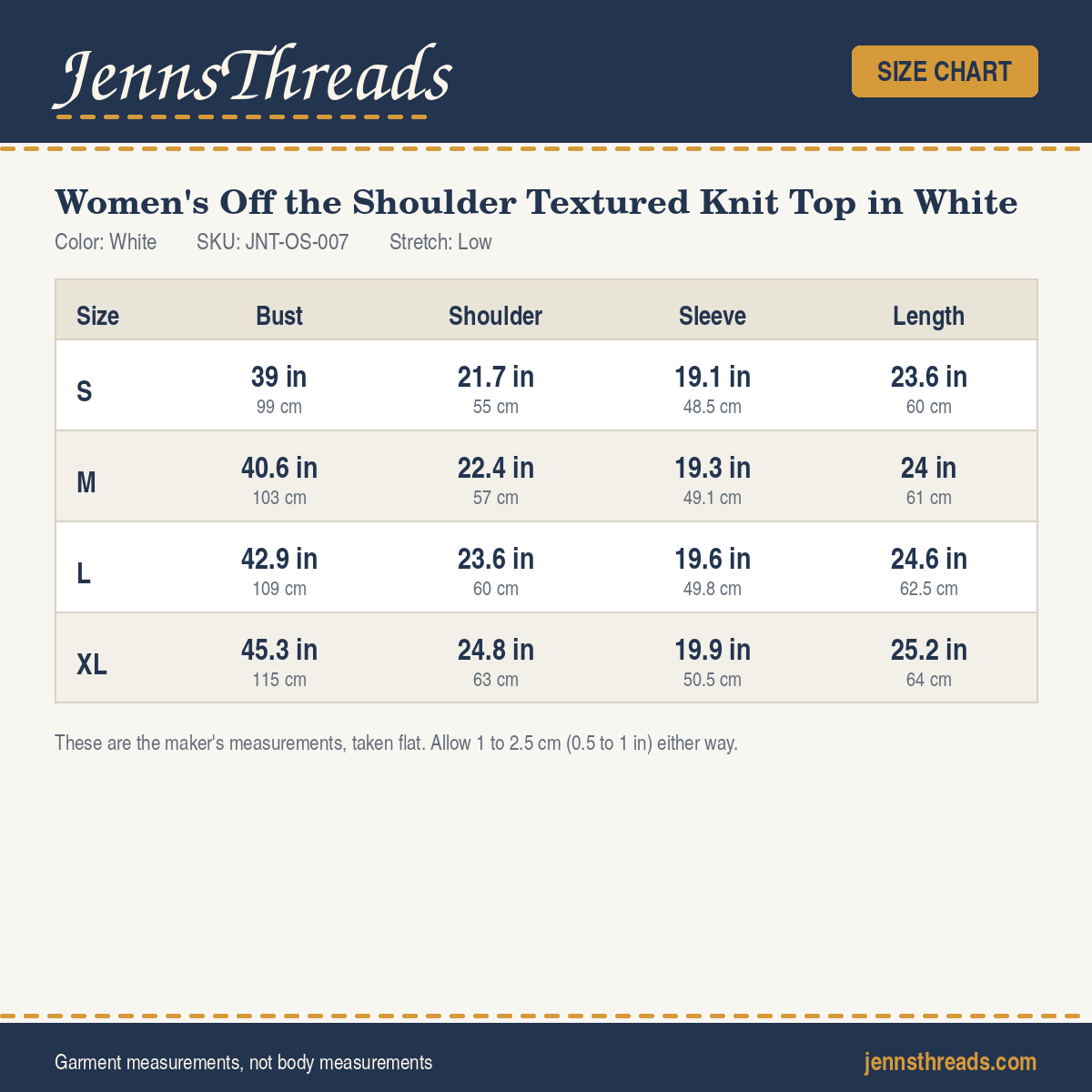 JennsThreads Women's Off the Shoulder Textured Knit Top in White size chart