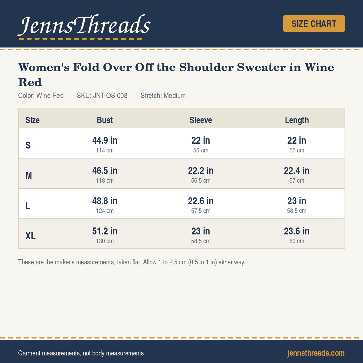 JennsThreads Women's Fold Over Off the Shoulder Sweater in Wine Red size chart