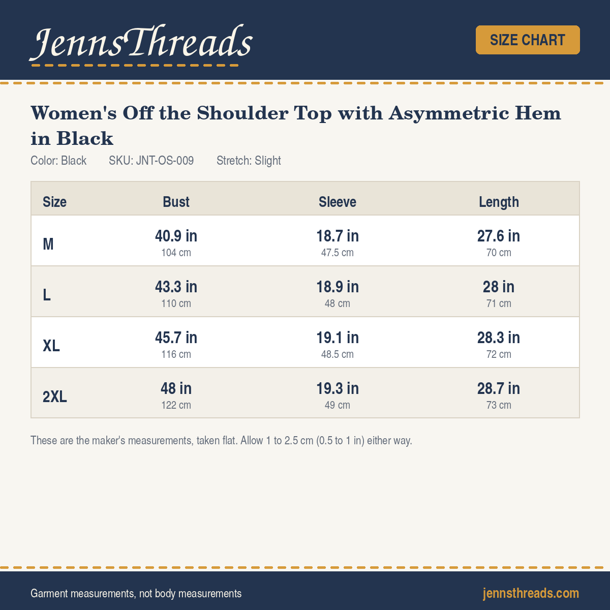 JennsThreads Women's Off the Shoulder Top with Asymmetric Hem in Black size chart