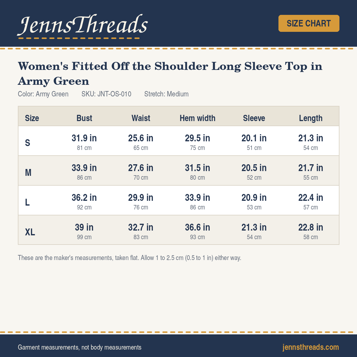 JennsThreads Women's Fitted Off the Shoulder Long Sleeve Top in Army Green size chart