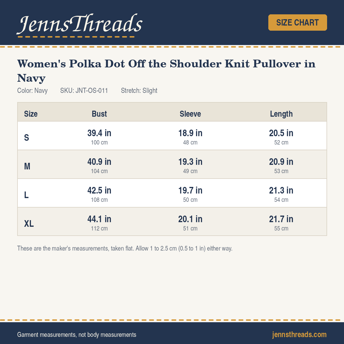 JennsThreads Women's Polka Dot Off the Shoulder Knit Pullover in Navy size chart