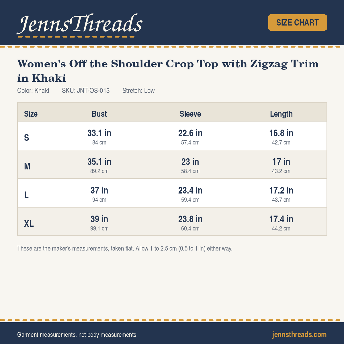 JennsThreads Women's Off the Shoulder Crop Top with Zigzag Trim in Khaki size chart