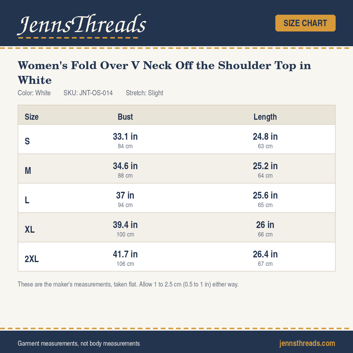 JennsThreads Women's Fold Over V Neck Off the Shoulder Top in White size chart