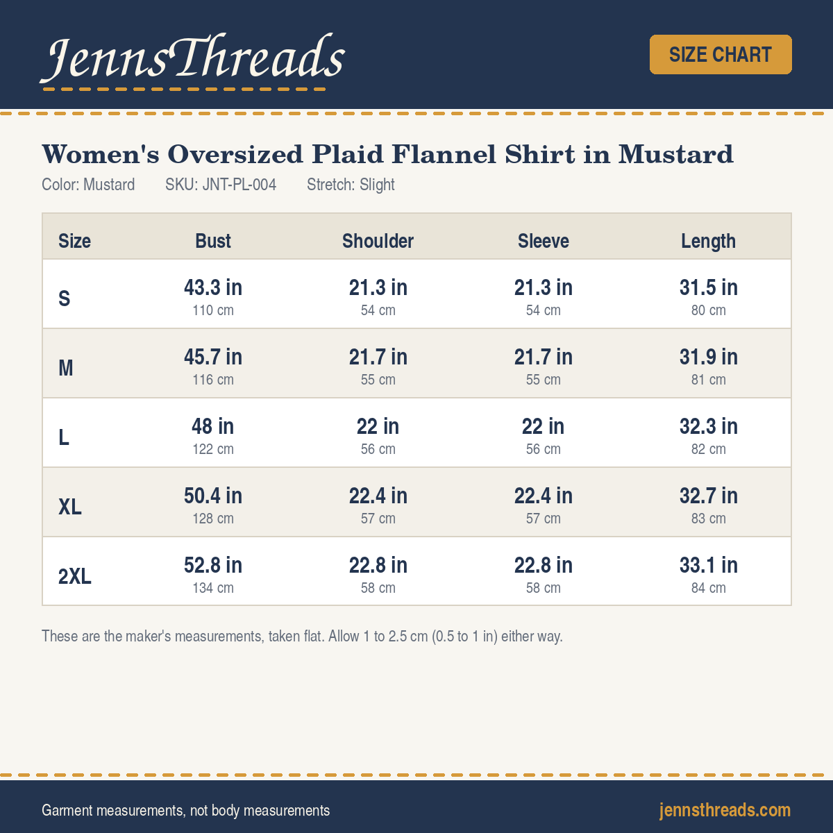 JennsThreads Women's Oversized Plaid Flannel Shirt in Mustard size chart