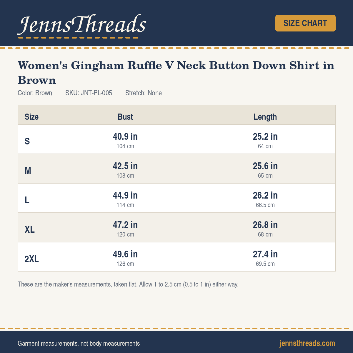 JennsThreads Women's Gingham Ruffle V Neck Button Down Shirt in Brown size chart