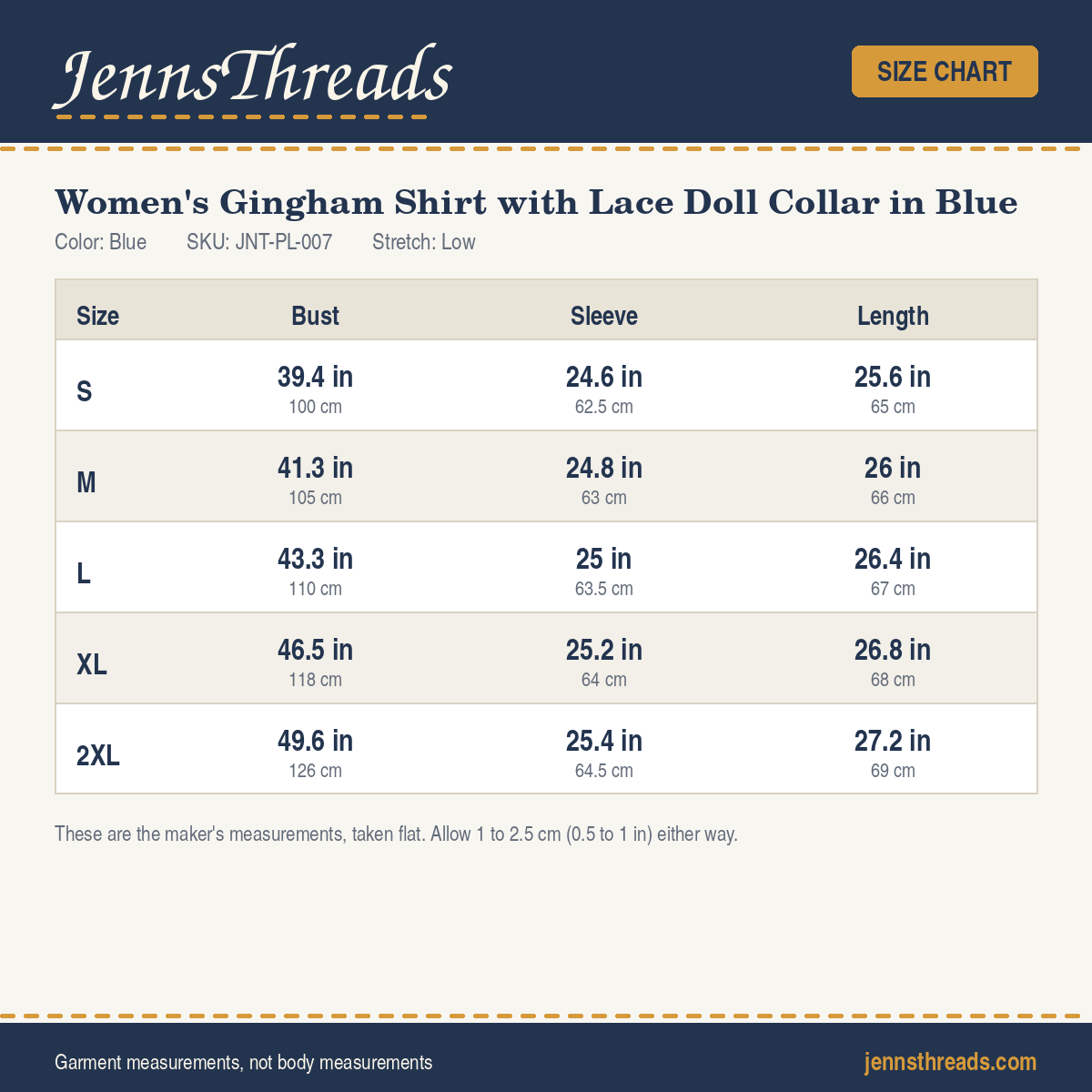 JennsThreads Women's Gingham Shirt with Lace Doll Collar in Blue size chart