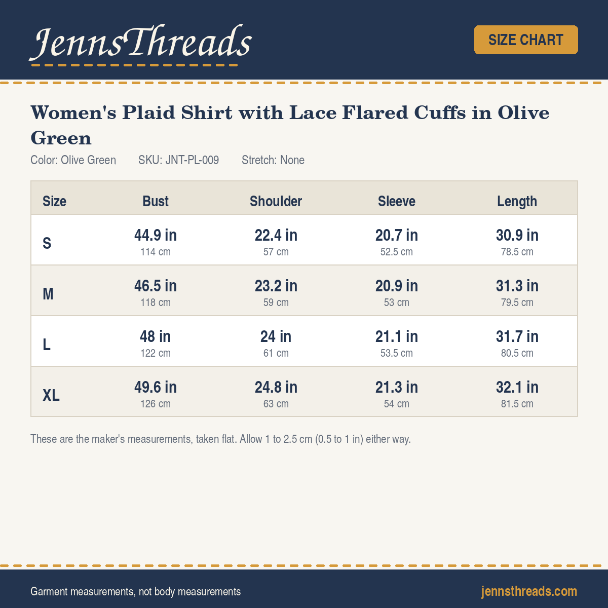 JennsThreads Women's Plaid Shirt with Lace Flared Cuffs in Olive Green size chart