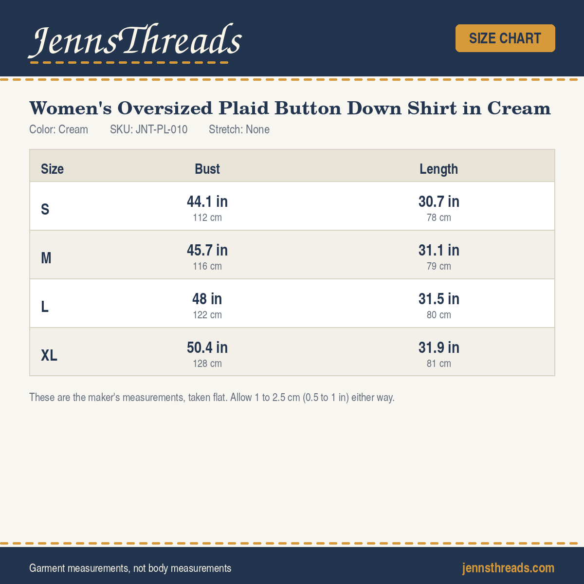 JennsThreads Women's Oversized Plaid Button Down Shirt in Cream size chart