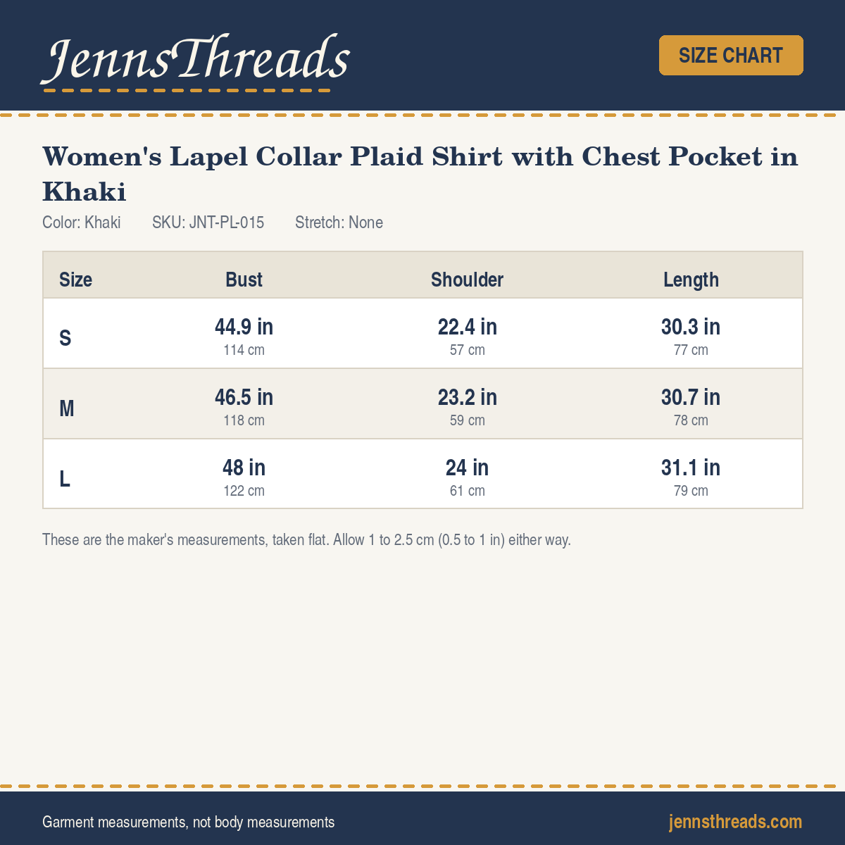 JennsThreads Women's Lapel Collar Plaid Shirt with Chest Pocket in Khaki size chart